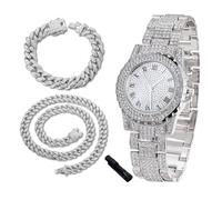richhut Montre Diamant de Luxe pour Enfants Ados - Iced Out Bling Plaqué en Platine - Cadran Rond 39mm Bracelet 19cm - Outil de Réglage Inclus - Vient avec Chaînes Cubaines 18cm & 40cm