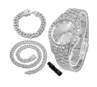richhut Montre Diamant de Luxe pour Enfants Ados - Iced Out Bling Plaqué en Platine - Cadran Rond 43mm Bracelet 20,5cm - Outil de Réglage Inclus - Vient avec Chaînes Cubaines 18cm & 40cm