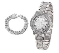 richhut Montre Diamant de Luxe pour Enfants Ados - Iced Out Bling Plaqué en Platine - Cadran Rond à Chiffres Arabes 32mm Bracelet 19,5cm - Boîte à Cadeau Inclus - Vient avec Chaîne Cubaine 18cm