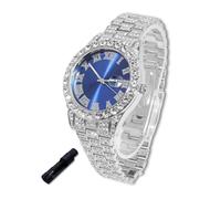 richhut Montre Diamant de Luxe pour Enfants Ados - Iced Out Bling Plaqué en Platine - Cadran Rond Bleue 42mm Bracelet 20cm - Outil de Réglage Inclus