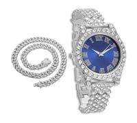 richhut Montre Diamant de Luxe pour Enfants Ados - Iced Out Bling Plaqué en Platine - Cadran Rond Bleue 37mm Bracelet 20cm - Boîte à Cadeau Inclus - Vient avec Chaîne Cubaine 40cm