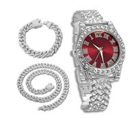 richhut Montre Diamant de Luxe pour Enfants Ados - Iced Out Bling Plaqué en Platine - Cadran Rond Rouge 37mm Bracelet 20cm - Boîte à Cadeau Inclus - Vient avec Chaînes Cubaines 18cm & 40cm