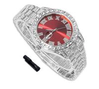 richhut Montre Diamant de Luxe pour Enfants Ados - Iced Out Bling Plaqué en Platine - Cadran Rond Rouge 42mm Bracelet 20cm - Outil de Réglage Inclus