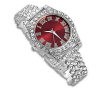 richhut Montre Diamant de Luxe pour Enfants Ados - Iced Out Bling Plaqué en Platine - Cadran Rond Rouge 37mm Bracelet 20cm - Boîte à Cadeau Inclus