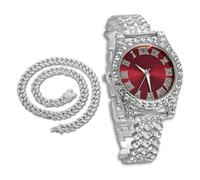 richhut Montre Diamant de Luxe pour Enfants Ados - Iced Out Bling Plaqué en Platine - Cadran Rond Rouge 37mm Bracelet 20cm - Boîte à Cadeau Inclus - Vient avec Chaîne Cubaine 40cm