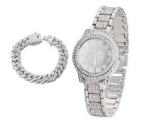 richhut Montre Diamant de Luxe pour Enfants Ados - Iced Out Bling Plaqué en Platine - Cadran Rond Strass Gypsophile Bracelet 19,5cm - Boîte à Cadeau Inclus - Vient avec Chaîne Cubaine 18cm