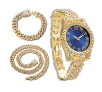 richhut Montre diamant de luxe pour enfants et adolescents - Plaqué or véritable/platine 18 carats - Cadran rond multicolore de 37 mm - Boîte cadeau incluse - En option avec chaîne cubaine