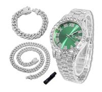 richhut Montre diamant de luxe pour enfants et adolescents - Plaqué or véritable/platine 18 carats - Cadran rond multicolore de 42 mm - Outil de réglage inclus - En option avec chaîne cubaine, Montre