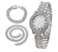 richhut Montre diamant de luxe pour enfants et adolescents - Plaqué or véritable/platine 18 carats - Cadran rond 32 mm avec chiffres arabes - Boîte cadeau incluse - Chaîne cubaine en option