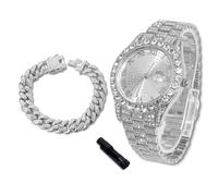 richhut Montre diamant de luxe pour enfants et adolescents - Plaqué or véritable/platine 18 carats - Cadran rond de 43 mm - Outil de réglage inclus - En option avec chaîne cubaine, Montre en platine