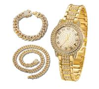 richhut Montre diamant de luxe pour enfants et adolescents - Plaqué or véritable/platine 18 carats - Cadran rond 32 mm avec chiffres arabes - Boîte cadeau incluse - Chaîne cubaine en option