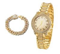 richhut Montre diamant de luxe pour enfants et adolescents - Plaqué or véritable/platine 18 carats - Cadran rond 32 mm avec chiffres arabes - Boîte cadeau incluse - Chaîne cubaine en option
