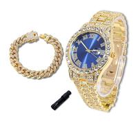 richhut Montre diamant de luxe pour enfants et adolescents - Plaqué or véritable/platine 18 carats - Cadran rond multicolore de 42 mm - Outil de réglage inclus - En option avec chaîne cubaine, Montre