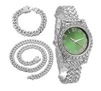 richhut Montre diamant de luxe pour enfants et adolescents - Plaqué or véritable/platine 18 carats - Cadran rond multicolore de 37 mm - Boîte cadeau incluse - En option avec chaîne cubaine