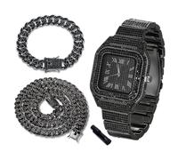 richhut Montre diamant de luxe pour enfants et adolescents - Plaqué or véritable/platine/rhodium plaqué noir - Cadran carré de 40 mm - Outil de réglage inclus - En option avec chaîne cubaine, Montre
