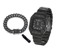 richhut Montre diamant de luxe pour enfants et adolescents - Plaqué or véritable/platine/rhodium plaqué noir - Cadran carré de 40 mm - Outil de réglage inclus - En option avec chaîne cubaine, Montre
