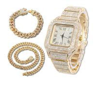 richhut Montre Diamant Iced Out pour Hommes Bracelet 20MM de Large Plaqué Or 18K, avec 20+45cm Chaînes Cubains, Cadeau pour Petit Ami Mari