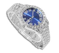 richhut Montre Diamant Iced Out pour Hommes Cadran Bleu Bracelet 18MM de Large Plaqué Or Blanc Platine, Cadeau pour Petit Ami Mari