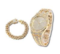 richhut Montre Diamant Iced Out pour Hommes Cadran Octogonal Bracelet 20MM de Large Plaqué Or 18K, avec 20cm Chaîne Cubain, Cadeau pour Petit Ami Mari