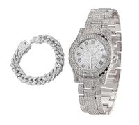 richhut Montre Diamant Iced Out pour Hommes Cadran Rond 39MM de Large Bracelet 22,5cm Plaqué Or Blanc Platine, avec 20cm Chaîne Cubain, Cadeau pour Petit Ami Mari