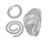 richhut Montre Diamant Iced Out pour Hommes Cadran Rond Bracelet 18MM de Large Plaqué Or Blanc Platine, avec 20+45cm Chaînes Cubains, Cadeau pour Petit Ami Mari