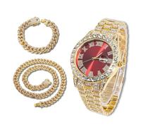 richhut Montre Diamant Iced Out pour Hommes Cadran Rouge Bracelet 18MM de Large Plaqué Or 18K, avec 20+45cm Chaînes Cubains, Cadeau pour Petit Ami Mari
