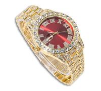 richhut Montre Diamant Iced Out pour Hommes Cadran Rouge Bracelet 18MM de Large Plaqué Or 18K, Cadeau pour Petit Ami Mari