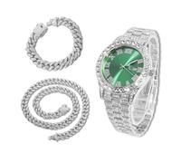 richhut Montre Diamant Iced Out pour Hommes Cadran Vert Bracelet 18MM de Large Plaqué Or Blanc Platine, avec 20+45cm Chaînes Cubains, Cadeau pour Petit Ami Mari