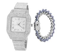 richhut Montre diamant pour homme avec bracelet glacé de 20 mm de large plaqué or blanc, avec chaînes de 20,3 cm + 45,7 cm en option, cadeau pour petit ami, mari, Montre platine + chaîne diamant bleu