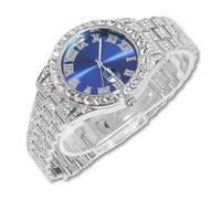 richhut Montre diamant pour homme - Cadran bleu - Bracelet de 18 mm de large - Or véritable/blanc 18 carats plaqué platine glacé - Avec chaîne de tennis en option - Cadeau pour petit ami, mari, Montre
