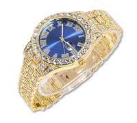 richhut Montre diamant pour homme - Cadran bleu - Bracelet de 18 mm de large - Or véritable/blanc 18 carats plaqué platine glacé - Avec chaîne de tennis en option - Cadeau pour petit ami, mari, Montre