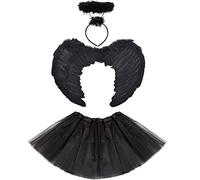 RichMoho Déguisement d'ange déchu, costume d'Halloween pour femmes et filles, avec ailes d'ange noires et jupes tutu, avec halo