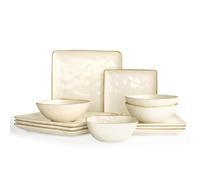 Richmount Ocean Service de table en faïence pour 4 personnes, 12 pièces, set d'assiettes carrées, service combiné avec vernis réactif, service de table résistant aux rayures, beige