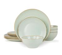 Richmount Service de vaisselle Jupiter 4 personnes, ensemble d'assiettes et bols à granola, grès à motifs tâchetés et rayés, lave-vaisselle, micro-ondable, anti-rayures, vert clair