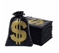 RICHNESS Lot de 12 sacs d'argent avec signe dollar de 11,4 x 15,2 cm, pochette en similicuir avec cordon de serrage, sac au trésor pour voleur de banque, vieux pirate occidental, cowboy, casino, Noir