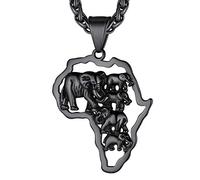 Richsteel Bijoux Elephant Carte Afrique Noir,Pendentif Acier Inoxydable avec Chaîne Noire 60cm,Collier Animal Fantaisie Cadeau Anniversaire Homme
