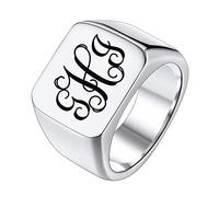 Richsteel Chevaliere Acier Inoxydable Homme 66 Grande Bague Anneau Signet Bijoux Biker Vintage pour Garçon Lettres Monogramme Personnalisable Couleur Argent