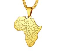 Richsteel Collier Afrique Personnalisable,Pendentif Carte d’Afrique avec Pays/Elephant/Lion Plaqué Or/Noir/Acier Inoxydable + Chaîne 55+5cm,Bijoux Africain Fantaisie Cadeau Original pour Femme Homme