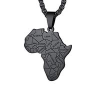 Richsteel Collier Afrique Personnalisable,Pendentif Carte d’Afrique avec Pays/Elephant/Lion Plaqué Or/Noir/Acier Inoxydable + Chaîne 55+5cm,Bijoux Africain Fantaisie Cadeau Original pour Femme Homme