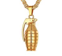 Richsteel Collier Homme Acier Inoxydable Pendentif Grenade Collier Militaire avec Chaîne Blé Réglable 22+2"(55+5cm) Ton Or 18K Cadeau pour Homme Garcon Bijoux Ados (Boite Cadeau)