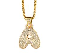 Richsteel Collier Lettre A, Pendentif Initiale Prénom Plaqué Or Lettre A,Bling Brillant Hip Hop Bijoux Alphabet Pendentif Bubble en Strass avec Chaîne Or Réglable 55+5 cm pour Homme Femme
