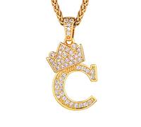 Richsteel Collier Lettre C, Pendentif Initiale Prénom Plaqué Or Lettre C,Bling Brillant Hip Hop Bijoux Alphabet Pendentif Couronne en Strass avec Chaîne Or Réglable 55+5 cm pour Homme Femme