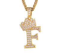 Richsteel Collier Lettre F, Pendentif Initiale Prénom Plaqué Or Lettre F,Bling Brillant Hip Hop Bijoux Alphabet Pendentif Couronne en Strass avec Chaîne Or Réglable 55+5 cm pour Homme Femme