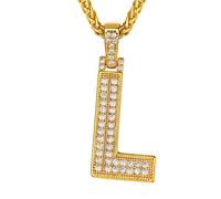 Richsteel Collier Lettre L, Pendentif Initiale Prénom Plaqué Or Lettre L,Bling Brillant Hip Hop Bijoux Alphabet Pendentif en Strass avec Chaîne Or Réglable 55+5 cm pour Homme Femme