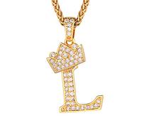 Richsteel Collier Lettre L, Pendentif Initiale Prénom Plaqué Or Lettre L,Bling Brillant Hip Hop Bijoux Alphabet Pendentif Couronne en Strass avec Chaîne Or Réglable 55+5 cm pour Homme Femme