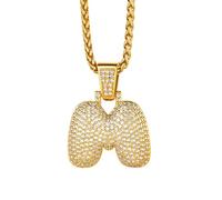 Richsteel Collier Lettre M, Pendentif Initiale Prénom Plaqué Or Lettre M,Bling Brillant Hip Hop Bijoux Alphabet Pendentif Bubble en Strass avec Chaîne Or Réglable 55+5 cm pour Homme Femme
