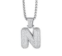 Richsteel Collier Lettre N, Pendentif Initiale Prénom Lettre N,Bling Brillant Hip Hop Bijoux Alphabet Pendentif Bubble en Strass avec Chaîne Réglable 55+5 cm pour Homme Femme