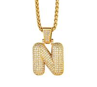 Richsteel Collier Lettre N, Pendentif Initiale Prénom Plaqué Or Lettre N,Bling Brillant Hip Hop Bijoux Alphabet Pendentif Bubble en Strass avec Chaîne Or Réglable 55+5 cm pour Homme Femme