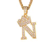 Richsteel Collier Lettre N, Pendentif Initiale Prénom Plaqué Or Lettre N,Bling Brillant Hip Hop Bijoux Alphabet Pendentif Couronne en Strass avec Chaîne Or Réglable 55+5 cm pour Homme Femme