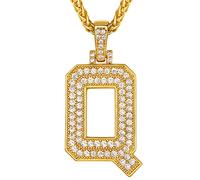 Richsteel Collier Lettre Q, Pendentif Initiale Prénom Plaqué Or Lettre Q,Bling Brillant Hip Hop Bijoux Alphabet Pendentif en Strass avec Chaîne Or Réglable 55+5 cm pour Homme Femme